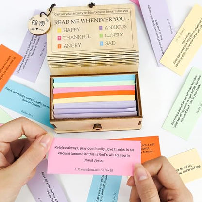 Handmade Bible Verse Cards Box (150 pcs), Inspirational Cards with Wooden Box for Emotion and Feeling, Christian Presents for Graduation, Mom, and for Women & Men - color: Wooden Bible