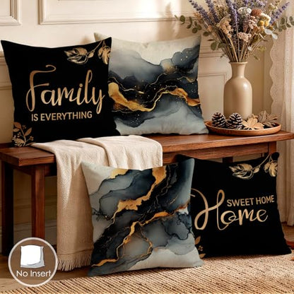 OBSEDE Black Gold Marble Sweet Home Throw Pillow Covers 18 x 18 Set of 4 - color: Black Gold Marble Sweet Home, size: 18" x 18" (Pack of 4)