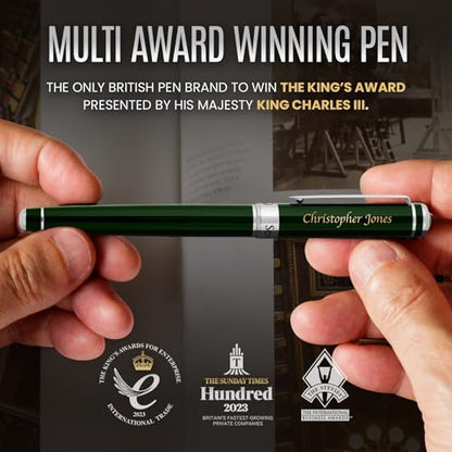 Scriveiner Personalized British Racing Green Rollerball Pen - Stunning Green Lacquer Luxury Pen with Chrome Finish, Schmidt Ink Refill, Engraved Roller Ball Gift Set for Men & Women, Custom Engraving - color: British Racing Green with Chrome (Personalized