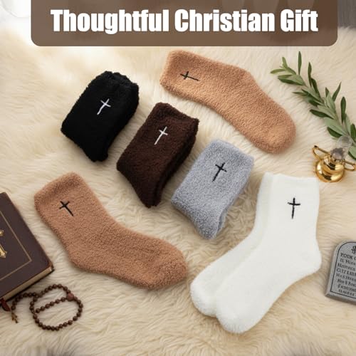 Cutecrop 5 Pairs Christian Gifts Socks Cross Print Fuzzy Socks Jesus Gifts Religious Fluffy Cozy Slipper Sock for Women Men - color: Dark Color