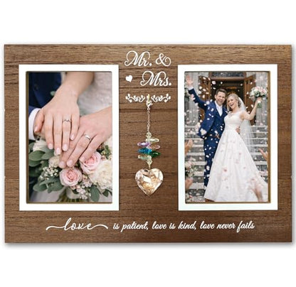 Mr. & Mrs. Wedding Picture Frame, Gift for Couple, K9 Crystal Charm - color: 2. Rustic Brown - Love Is Patient