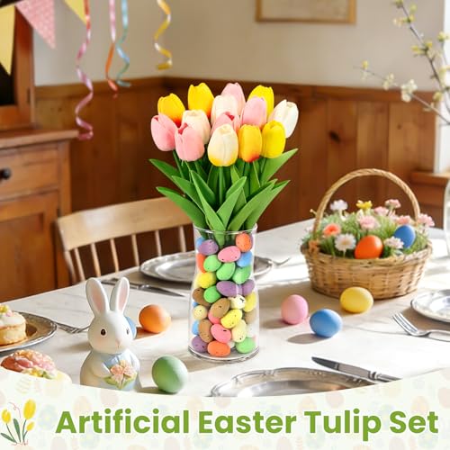 Spring Easter Decorations 12 Artificial Tulips with Easter Colorful Eggs and 1 Vase for Easter Centerpiece Table Decorations Home Kitchen Indoor Decoration