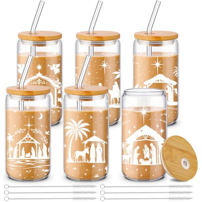 Fulmoon 6 Pcs 16 oz Nativity Scene Christmas Glass Cups with Lid and Straw - style: Christmas