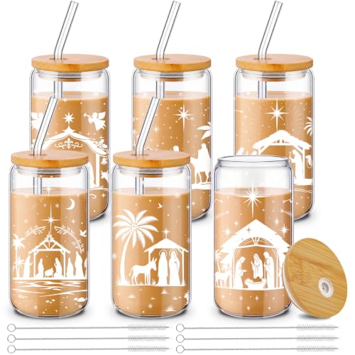 Fulmoon 6 Pcs 16 oz Nativity Scene Christmas Glass Cups with Lid and Straw - style: Christmas