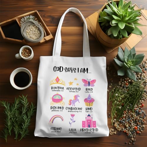 VICBOU Bible Verse Canvas Tote Bag, Inspirational Religious Christian Gifts for Women Men Canvas Tote Reusable Grocery Bags - color: Godsays04