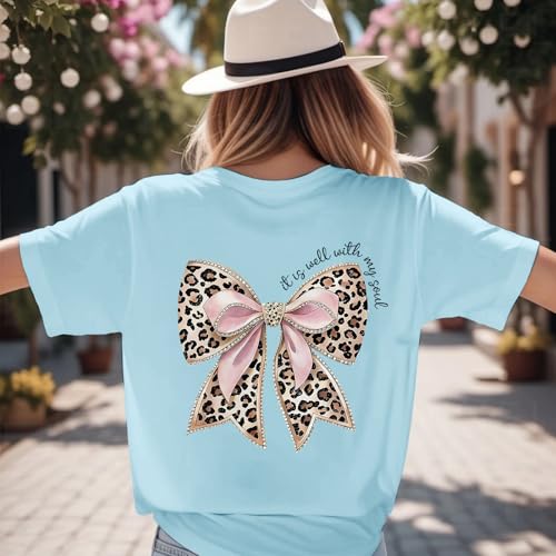Leopard Bow Shirt Cheetah Bow Shirt Christian Shirts for Women Faith Bible Verse Shirts God Coquette Graphic Tees - color: Light Blue, size: XX-Large
