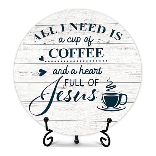 Coffee Bar Sign, Christian Café Bar Decor, Farmhouse Round Wood Plaque with Stand, Coffee And Jesus Themed Table Signs for Home Kitchen Office, Coffee Lover Gifts (10) - color: Blue