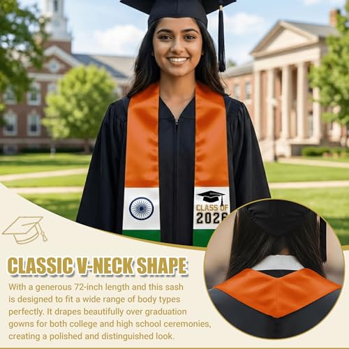 National Flag Graduation Stole Sash - 72" Long Unisex Honors Stole for Students - color: India