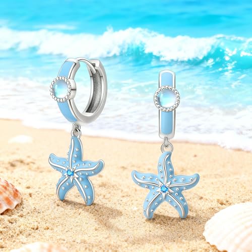 925 Sterling Silver Cute Animal Unique Huggie Hoop Earrings for Women - color: Blue Starfish