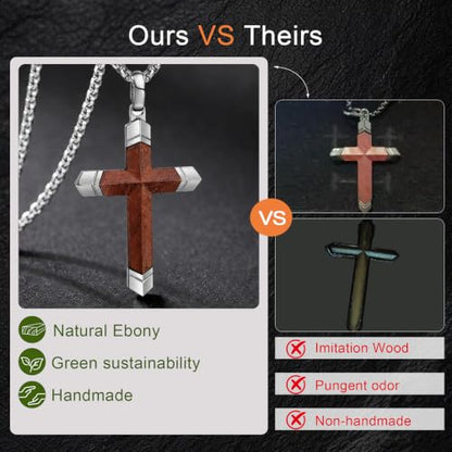 Wooden Cross Necklace for Men with Stainless Steel Adjustable Chain 24-26in, Christian Wood Crucifix Pendant Gift for Him - style: Bubinga