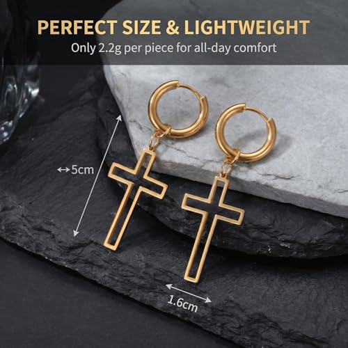 Gold Cross Earrings for Men - Stainless Steel Gold Plated | Hypoallergenic Dangle Cross Earrings Jewelry | Daily Wear & Birthday Gifts - color: Gold