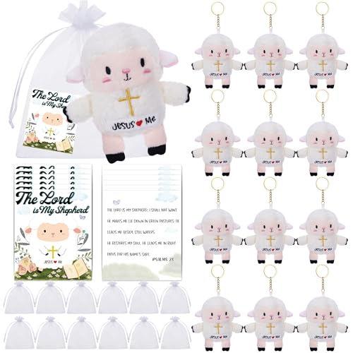 Christian Gifts Lamb Stuffed Animal - 12 Pack Baptism Gifts for Girl Boys, Cute Sheep Plush Keychain with Jesus Loves Me Perfect for First Communion Party Favors - style: 12 Pack Lamb of God