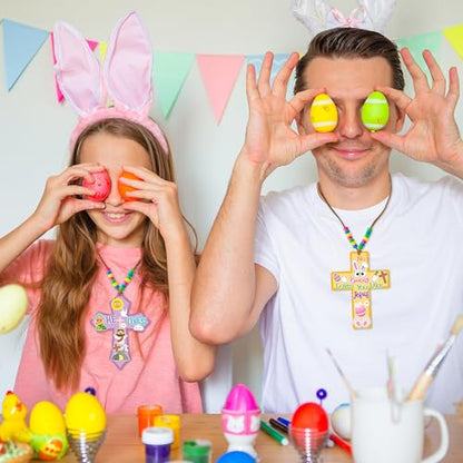 BeYumi Easter Cross Necklace Craft - 28Pcs Easter Religious Cross Necklace Craft Kit for Kids DIY He is Risen Sticker and Beads Christian Decor Sunday School Classroom Party Activities - style: Easter