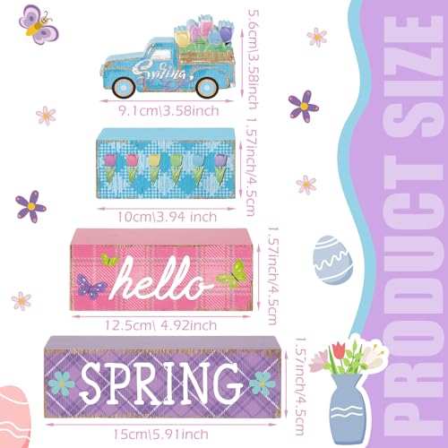 4 Pcs Spring Table Decor Farmhouse Tulip Wooden Sign Spring Wood Block Decorative Floral Truck Tiered Tray Decor Rustic Table Centerpieces for Home Kitchen Shelf Fireplace Desk Indoor - style: Tulip