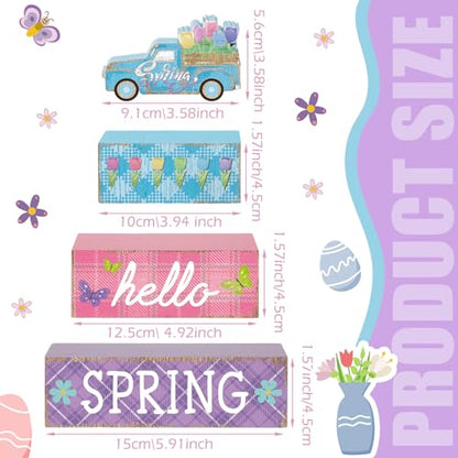 4 Pcs Spring Table Decor Farmhouse Tulip Wooden Sign Spring Wood Block Decorative Floral Truck Tiered Tray Decor Rustic Table Centerpieces for Home Kitchen Shelf Fireplace Desk Indoor - style: Tulip