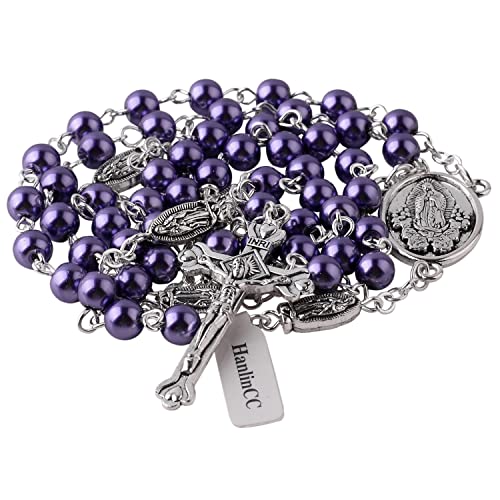 HanlinCC Guadalupe Catholic Rosary Glass Pearl Beads Necklace with Gift Box - color: Guadalupe Rosary Purple