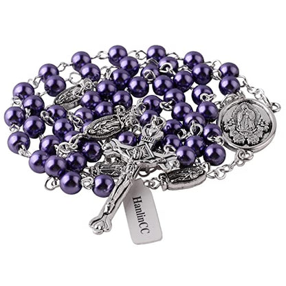 HanlinCC Guadalupe Catholic Rosary Glass Pearl Beads Necklace with Gift Box - color: Guadalupe Rosary Purple
