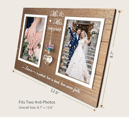 Mr. & Mrs. Wedding Picture Frame, Gift for Couple, K9 Crystal Charm - color: 2. Rustic Brown - Love Is Patient