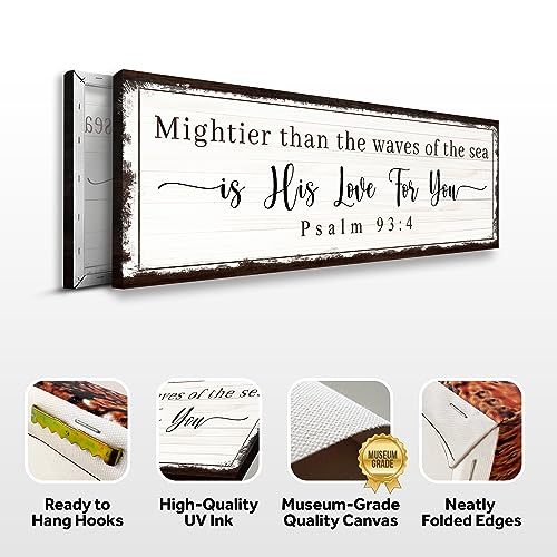 Tailored Canvases Christian Wall Art Decor - Religious Bible Verses Sign for Gifts, Home, Living Room & Bedroom - Inspirational Scripture Quotes Signs - Psalm 93:4 Mightier than Waves is His Love, 48x16in - color: Grunge Brown Psalm 93:4 Mightier than the