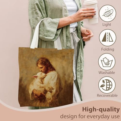 kunlisa Christian Tote Bag for Women, Christian Gifts for Women Faith Canvas Tote Bag - color: Jesus and the Sheep