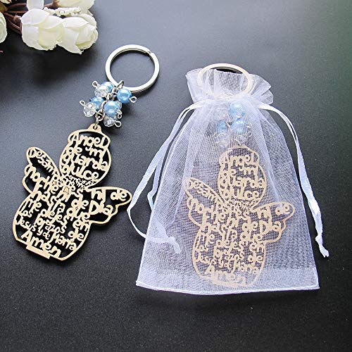 12 Pcs Baptism Wooden Keychain Angel Design Favors with Organza Bags