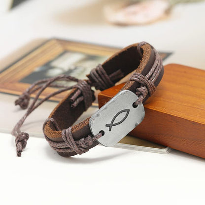 Sign of The Fish Men's Leather Wrap Bracelet Retro Braided Leather handmade Bracelet Adjustable for men - color: Brown