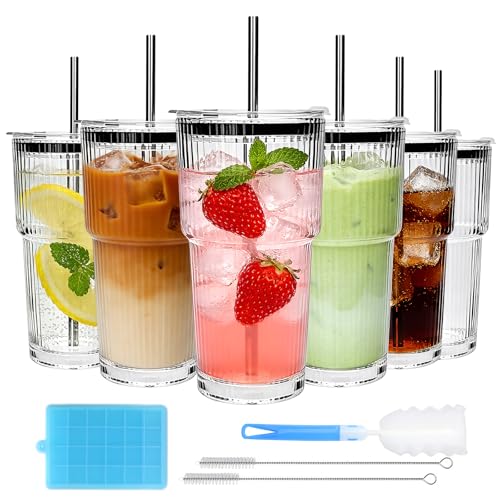 Accguan 18oz Ribbed Glass Tumbler with Straw and Lid, 6Pack Glass Cup - size: 18oz without handle-6pcs
