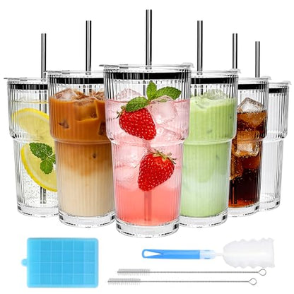 Accguan 18oz Ribbed Glass Tumbler with Straw and Lid, 6Pack Glass Cup - size: 18oz without handle-6pcs