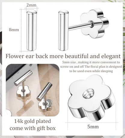 Enticera 14K Gold Stud Earrings for Women 20g Leaf Cross Bar Handmade Flat Back Earrings Hypoallergenic Nap Screw Back Cartilage Earrings Tragus Helix Piercing Jewelry - color: Silver Tone, style: Bar