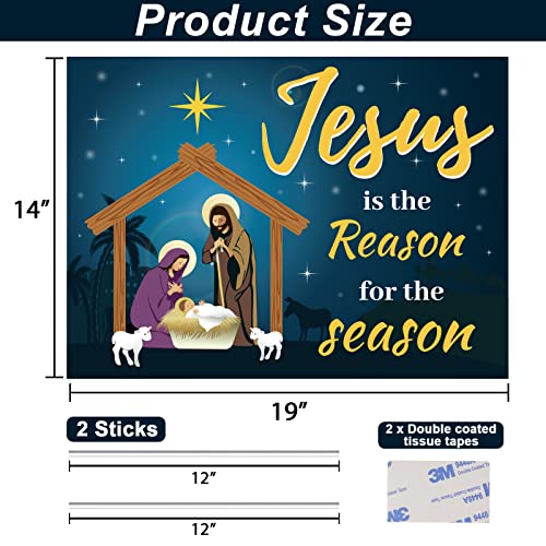Jesus Is The Reason for The Season Yard Sign Christmas Outdoor Decorations Christmas Holiday Yard Lawn Sign with 2 Sticks Nativity Decoration for Church Home Businesses Stores Parties 19 x 14 Inch
