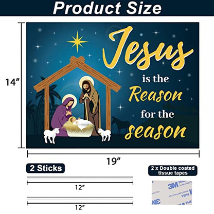 Jesus Is The Reason for The Season Yard Sign Christmas Outdoor Decorations Christmas Holiday Yard Lawn Sign with 2 Sticks Nativity Decoration for Church Home Businesses Stores Parties 19 x 14 Inch