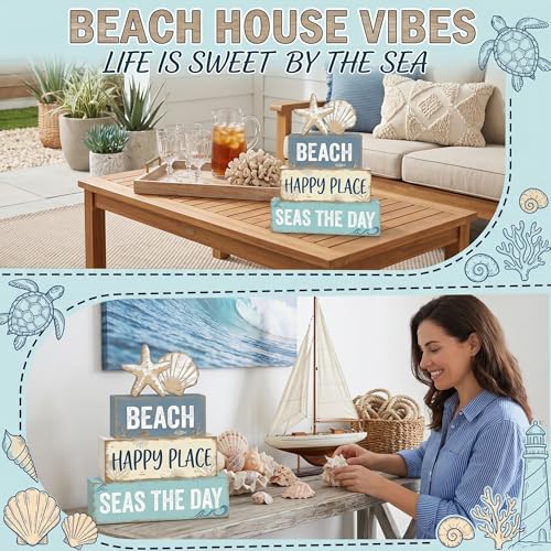Britimes Tiered Tray Decor Set, 4 Pack, Wooden Table Signs, Coastal Beach - style: Coastal Beach