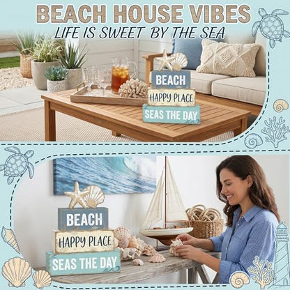 Britimes Tiered Tray Decor Set, 4 Pack, Wooden Table Signs, Coastal Beach - style: Coastal Beach