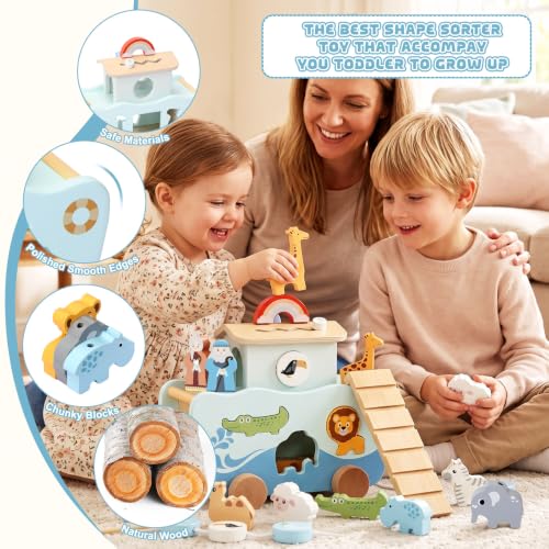 Hoarosall 27PCS Wooden Noah's Ark Montessori Toys for 1 Year Old Baby Boys Girls Christian Toys for Toddlers 1-3 Ideal Baptism Christmas & 1st Birthday Gifts - color: Blue