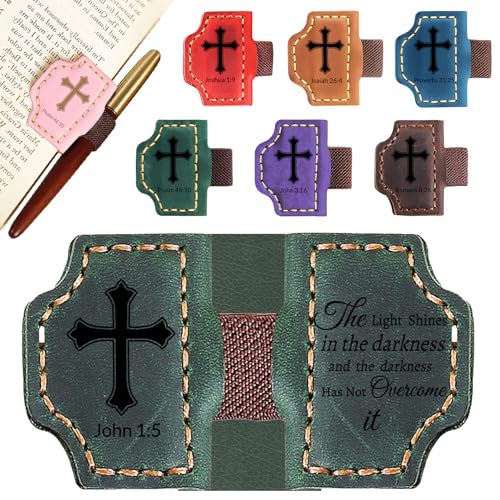 Personalized Leather Bookmark with Pen Holder - Magnetic Bible Verse Design, Christian Book Lovers Reading Accessory, for Book Lovers Men Women (Green, John 1:5) - color: Green, size: John 1:5