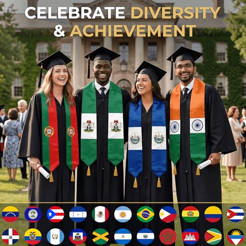 Class of 2026 Graduation Stole Flag Sash with Gold Tassels 72 Inch for High School College University Ceremony - color: El Salvador