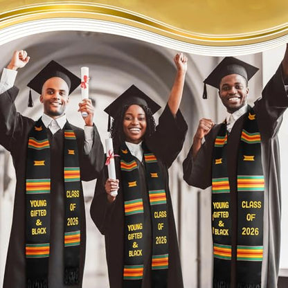 Geyoga Graduation Stole Kente Stole Black Authentic African Art 72" x 4.8" for Adult College Unisex Grads Celebrate - style: Young Gifted & Black