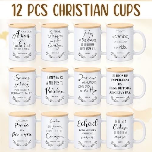 Didaey 12 Sets Christian Gifts Bulk Religious Coffee Mugs 12oz Bible Verses White Ceramic Cup with Lid Handle Spoon Inspirational Mug Church Gift for Men Coworker Employee Staff(Spanish) - style: Spanish