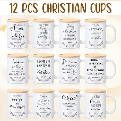 Didaey 12 Sets Christian Gifts Bulk Religious Coffee Mugs 12oz Bible Verses White Ceramic Cup with Lid Handle Spoon Inspirational Mug Church Gift for Men Coworker Employee Staff(Spanish) - style: Spanish