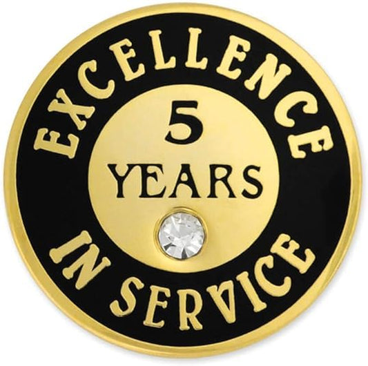 PinMart Gold Color Plated Excellence in Service Year Award Lapel Pin – Metal Enamel Workplace Reward Pin w/Rhinestone – 1-60 Years Pins for Long Standing Employees - color: 5 Years Gold Plated, size: 1 Piece