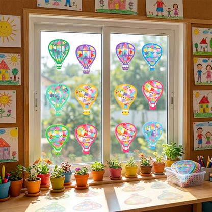 Renbuzhu 48PCS Back to School Crafts: Paper Hot Air Balloon Suncatchers DIY Kits, Summer Window Stained Glass Effect Art Supplies - style: hot air balloon