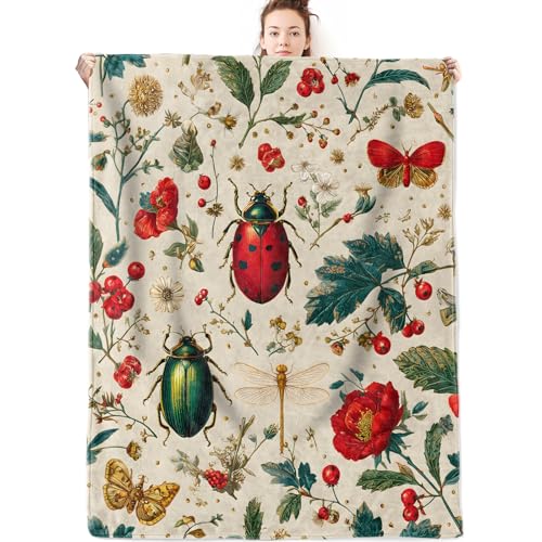Vintage Ladybug and Botanical Flannel Blanket Gifts for Nature Lover,50x40inch,Colorful Insect,Butterfly and Flower Throw Blankets,for Bedroom,Sofa,Living Room,Camping Home Decor Throws - color: Ladybug, size: 50x40 Inch