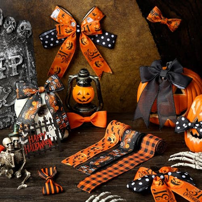 12 Rolls 60 Yard Halloween Wired Ribbon for Wreath Craft Bow - style: Spider Web