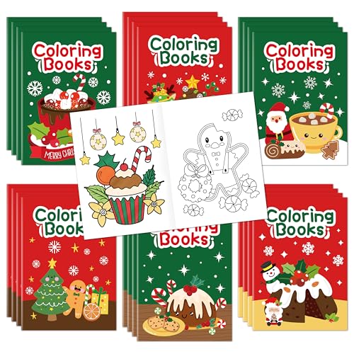JAPBOR Christmas Food Coloring Books - 24PCS Mini Xmas Latte Color Book Bulk for Kids Party Favors, Merry Christmas Winter Small Colour Pages for School Class Drawing Painting Games