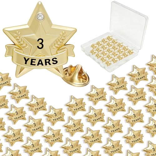 Years of Service Pins, Gold Star Pin for 1-30 Year Work Anniversary, Long Standing Employee Recognition Award Star Pins for Staff, Team & Volunteers - style: 3 Years