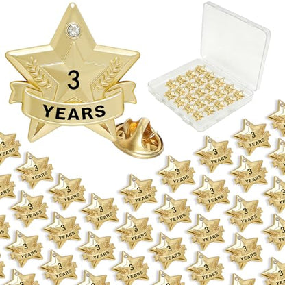 Years of Service Pins, Gold Star Pin for 1-30 Year Work Anniversary, Long Standing Employee Recognition Award Star Pins for Staff, Team & Volunteers - style: 3 Years