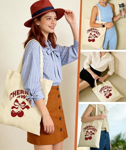 Women's Canvas Tote Bags with Inner Pockets & Metal Snap, Reusable Tote Bag for Girl's Vacation Travel Gym Shopping - color: Cherry 1