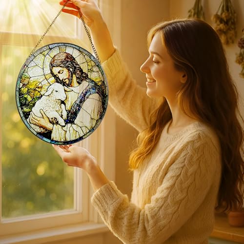8 Inches Jesus Holding Lamb Painted Stained Glass Suncatcher, Christian Ornament, Window Hanging Decor, Christmas Decor, Christian Gift, Religious Gift, Gifts for Christmas - color: Jesus-e