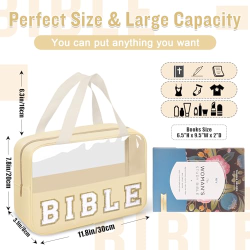 Chenille Letter Bible Bag Cover Case for Women,Preppy Bible Study Supplies Church Bag Purse Bible Accessories with Handle Zipper,Waterpoof Travel Makeup Bag Christmas Christian Gifts(BIBLE-Beige) - color: BIBLE-Beige