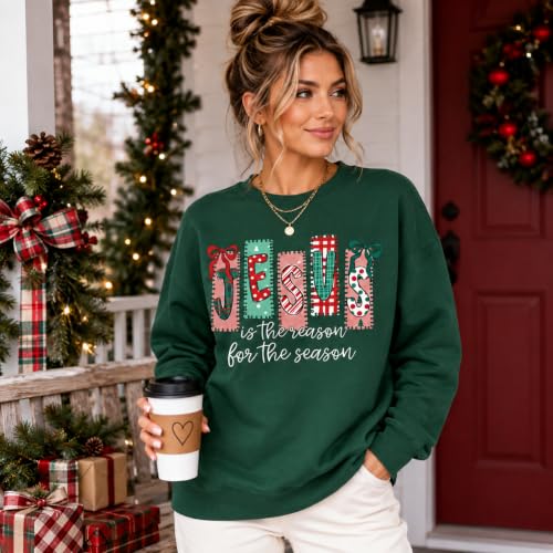 Women's Christian Christmas Sweatshirt Jesus Graphic Crewneck Holiday Top - color: Greena, size: Medium